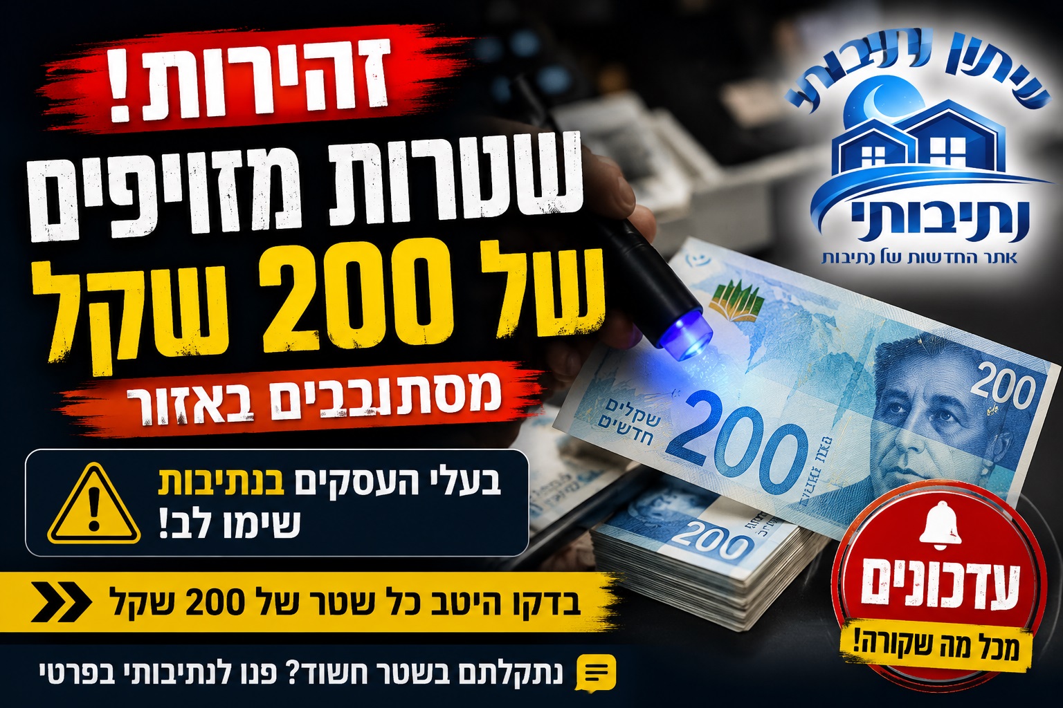בעלי העסקים בנתיבות, שימו לב: שטרות מזויפים של 200 שקל מסתובבים באזור