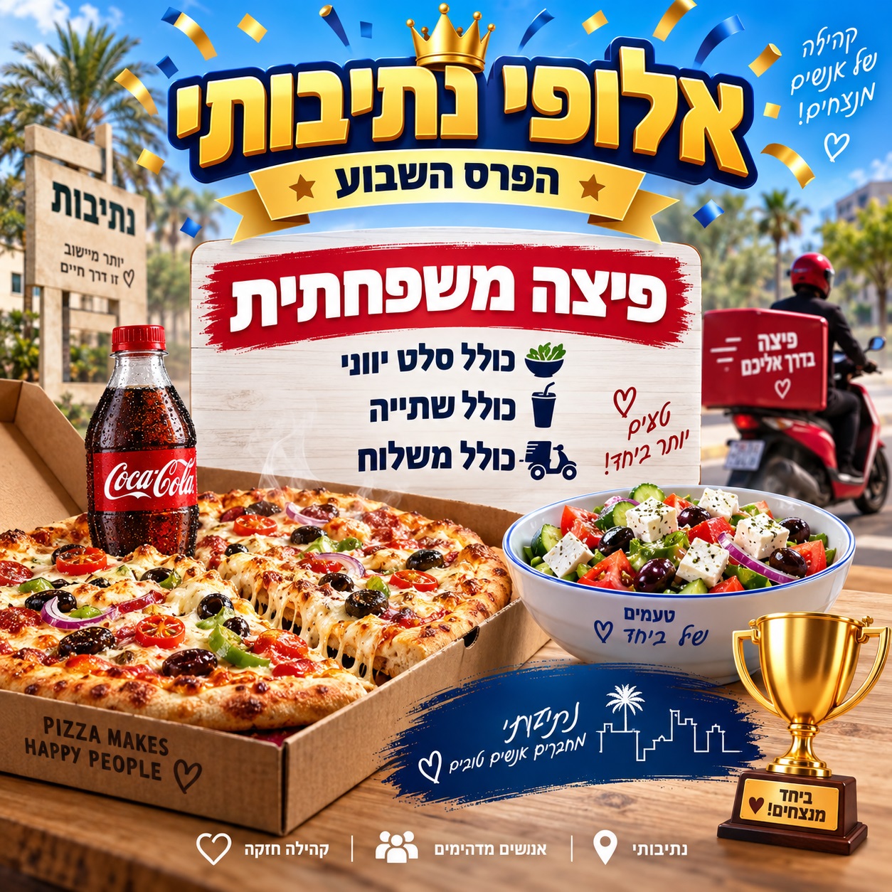 פיצה משפחתית + סלט יווני + שתייה + משלוח עד הבית